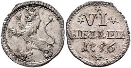 Hessen - Kassel Wilhelm VIII. 1751-1760 6 Heller 1756 Kassel Rs: Der untere Stern steht auf zwei Spitzen, die anderen auf einer. Schütz 1799. 
l.Rand...