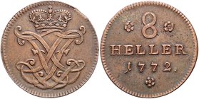 Hessen - Kassel Friedrich II. 1760-1785 8 Heller 1772 sog. Schustertaler Schütz 1915. 
 ss