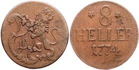 Hessen - Kassel Friedrich II. 1760-1785 8 Heller 1774 sog. Schustertaler Schütz 1927. 
 ss