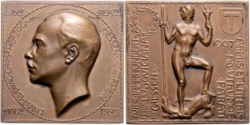 Hessen - Darmstadt Ernst Ludwig 1892-1918 Bronze-Plakette 1907 (v. Lauer) a.d. 300-Jahrfeier der Universität Giessen 
49,0x49,0mm 58,9g vz