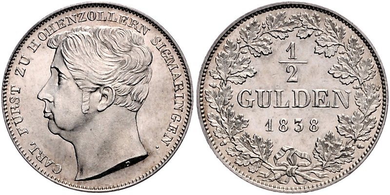 Hohenzollern - Sigmaringen Carl 1831-1848 1/2 Gulden 1838 mit 'D' am Halsabschni...