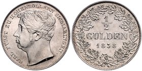 Hohenzollern - Sigmaringen Carl 1831-1848 1/2 Gulden 1838 mit 'D' am Halsabschnitt AKS 13. Jg. 12a. 
Prachtexemplar, äußerst selten in dieser Erhaltu...