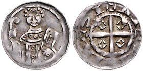 Köln - Erzbistum Rainald v. Dassel 1159-1167 Leichter Pfennig (ab 1156) Rees Bb. v. vorn mit Krummstab und Buch / Kreuz, i.d. Winkeln je ein kleines K...