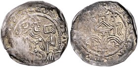Köln - Erzbistum Konrad I. von Hochstaden 1238-1261 Denar (1244/61) auf die Grundsteinlegung des Kölner Doms. Erzbischof sitzt mit Buch und Krummstab ...