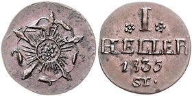 Lippe - Detmold Paul Alexander Leopold 1820-1851 1 Heller 1835 ohne Punkt nach Jahreszahl AKS 15. Jg. 1. 
winz.Rf. vz-st