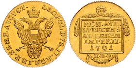 Lübeck - Stadt Dukat 1791 HDF mit Titel Leopold II. Friedb. 1500. Behrens 642. 
 f.vz