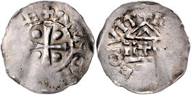 Mainz - Königliche Münzstätte Arnulf von Kärnten 887-899 Pfennig (Denar) Kreuz, in den Winkeln 4 Kugeln / Tempelfront mit Kreuz zwischen 4 Säulen auf ...