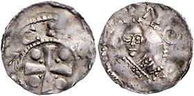 Mainz - Erzbistum Heinrich II., der Heilige 1002-1024 Denar Kreuz, i.d. Winkeln je eine große und eine kleine Kugel / Barhäuptiges Bb. des Erzbischofs...