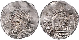 Mainz - Erzbistum Luitpold 1051-1056 Pfennig mit Titel Kaiser Heinrich III. Gekrönter, bärtiger Kopf des Kaisers v.v. / Kirchenfront mit zwei Türmen, ...