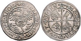 Mecklenburg Albrecht VII. 1503-1547 Schilling 1527 Güstrow Kunzel 62C/a. Schulten 2118. aus Fd. Fulda 58 (dies Ex.). 
min.Prschw., 2,09 g f.vz