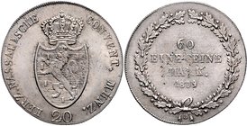 Nassau Friedrich August u. Friedrich Wilhelm 1803-1816 20 Kreuzer 1809 L Var: schräger Riffelrand, Mmz. L unter Schleife AKS 3. Jg. 10b. 
winz.Sf., s...