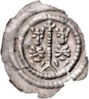 Nordhausen - Reichsmünzstätte Friedrich II. 1215-1250 Brakteat Kaiserpaar sitzt v.v., dazwischen Stab Berger -. Bonh. 1203. 
Rd. etw. ausgebrochen, 0...