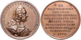 Pfalz - Kurpfalz Karl Theodor 1743-1799 Bronze-Suitenmedaille o.J. (v. A. Schäffer) Nr. 25 auf Karl III. Philipp 1661-1742 
39,2mm 26,5g vz-st