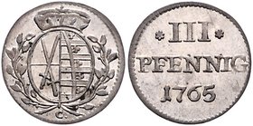 Sachsen - Kurfürstentum, ab 1806 Königreich Friedrich August III. 1763-1806 3 Pfennig 1765 C Buck 120. 
 vz-st