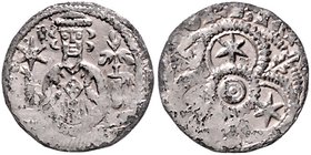 Waldeck Heinrich IV. 1305-1344 Pfennig Korbach Büste v.v. mit Stern und Zweig / Drei Sterne im Dreipass, in der Mitte Perlkreis mit Kugel Grote 22. Sl...