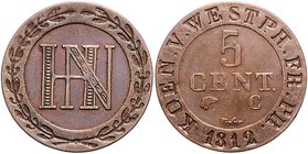 Westfalen Hieronymus Napoleon 1807-1813 5 Centimes 1812 C AKS 40. Jg. 32. 
 ss-vz