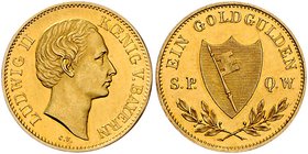 Würzburg - Stadt Neujahrsgoldgulden o.J. Präsent der Stadt, Ludwig II. / Spatenblattförmiger Wappenschild zwischen zwei Lorbeerzweigen, seitlich S.P.Q...