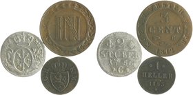 Lots Lot von 3 Stücken: WESTFALEN 3 Centimes 1812 C (AKS 41, Jg. 31), KLEVE 2 Stüber 1756 C (Schön 4) und HESSEN-DARMSTADT 1 Heller 1843 (AKS 117, Jg....