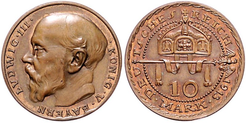 Bayern Ludwig III. 1913-1918 10 Mark-Probe 1913 (v. Karl Goetz) in Bronze Schaaf...