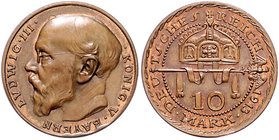 Bayern Ludwig III. 1913-1918 10 Mark-Probe 1913 (v. Karl Goetz) in Bronze Schaaf 202a G1. Kien. 77. 
 f.st