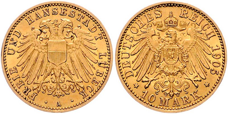 Lübeck 10 Mark 1905 A 
winz.Rf. vz