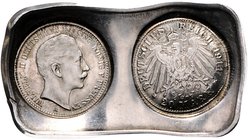 Preussen Wilhelm II. 1888-1918 20 Mark Abschlag der Vorder- und Rückseite auf rechteckiger Klippe. In dieser Form bisher unbekannt. Schaaf -. Beckenb....