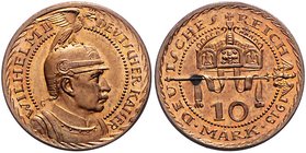 Preussen Wilhelm II. 1888-1918 10 Mark-PROBE 1913 (v. Karl Goetz) Kupfer, vergoldet Schaaf 253aG 1. Kien. 76. 
Rs. Fleck 3,13g PP