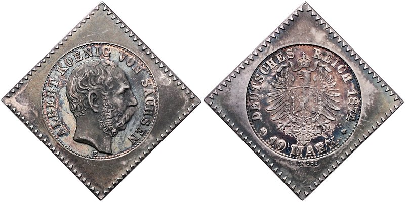 Sachsen Albert 1873-1902 Klippe zu 10 Mark 1874 E, gepunzt S.V. 980 
 vz