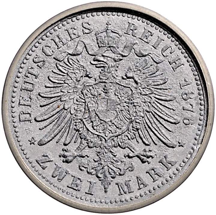 2 Mark 1876 Rückseitenprobe Adler mit tinktiertem Brustschild. In diesem Materia...