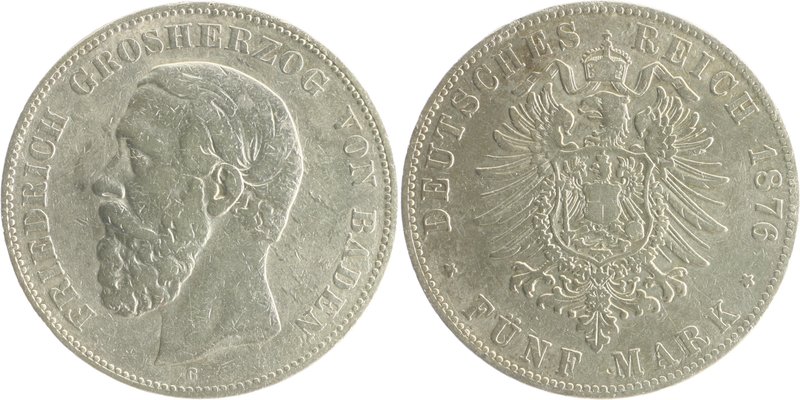 Baden Friedrich I. 1856-1907 5 Mark 1876 G ohne Querstrich beim A von BADEN J. 2...