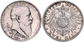 Baden Friedrich I. 1856-1907 2 Mark 1902 (G) Zum 50-jährigen Regierungsjubiläum J. 30. 
l. Patina st
