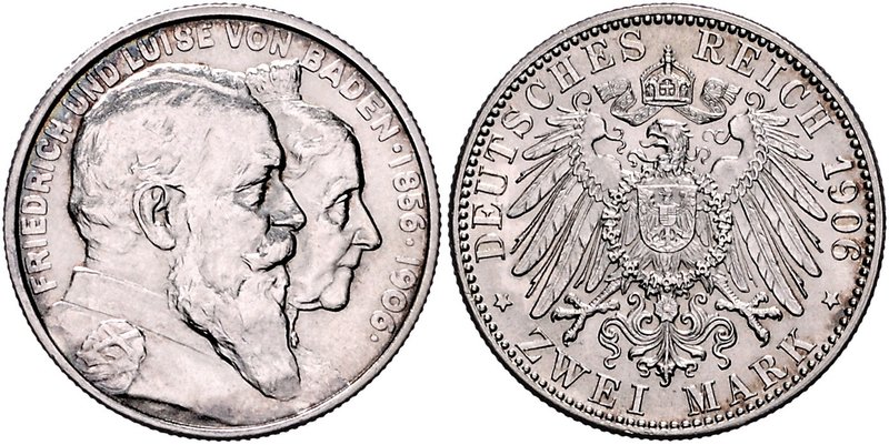 Baden Friedrich I. 1856-1907 2 Mark 1906 (G) Zur Goldenen Hochzeit J. 34. 
 f.s...