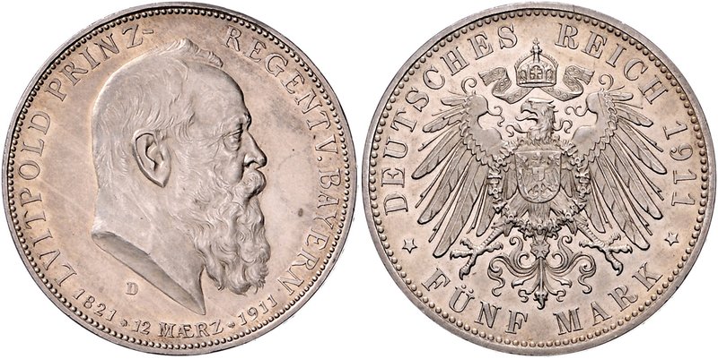 Bayern Prinzregent Luitpold 1886-1912 5 Mark 1911 D Zum 90. Geburtstag und zum 2...