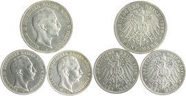 Preussen Wilhelm II. 1888-1918 Lot von 3 Stücken: 5 Mark 1908 A (J. 104), 3 Mark 1910 A und 3 Mark 1911 A (J. 103) 
 ss u. etw. besser