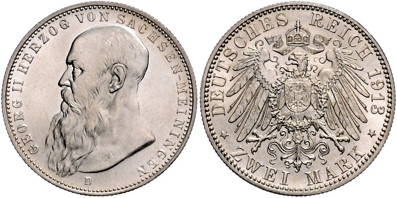 Sachsen - Meiningen Georg II. 1866-1915 2 Mark 1913 D Der Bart ist 1,5mm vom Per...