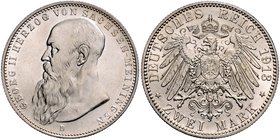 Sachsen - Meiningen Georg II. 1866-1915 2 Mark 1913 D Der Bart ist 1,5mm vom Perlkreis entfernt J. 151b. 
Prachtexemplar, äußerst selten in dieser Er...