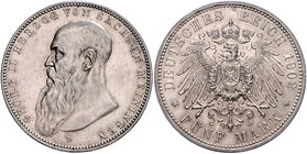 Sachsen - Meiningen Georg II. 1866-1915 5 Mark 1902 D Der Bart berührt den Perlkreis J. 153a. 
 ss-vz