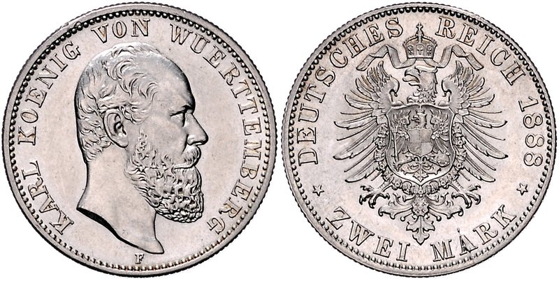 Württemberg Karl I. 1864-1891 2 Mark 1888 F J. 172. 
 vz-st/st-