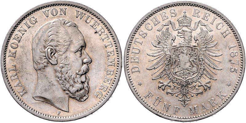 Württemberg Karl I. 1864-1891 5 Mark 1875 F J. 173. 
 ss-vz