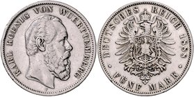 Württemberg Karl I. 1864-1891 5 Mark 1888 F J. 173. 
winz.Rf. ss
