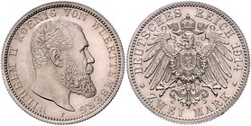 Württemberg Wilhelm II. 1891-1918 2 Mark 1914 F J. 174. 
 vz-st aus PP