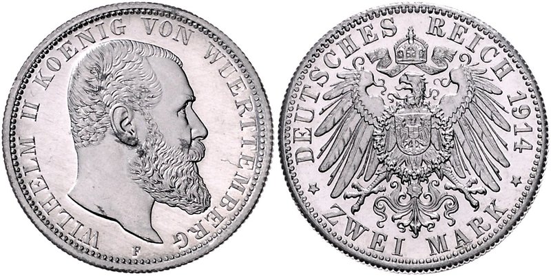 Württemberg Wilhelm II. 1891-1918 2 Mark 1914 Materialprobe Zink mit dünner Alum...