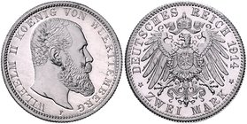 Württemberg Wilhelm II. 1891-1918 2 Mark 1914 Materialprobe Zink mit dünner Aluminiumplattierung, Rand geriffelt Schaaf vgl. 174M6-8. Beckenb. -. 
7,...