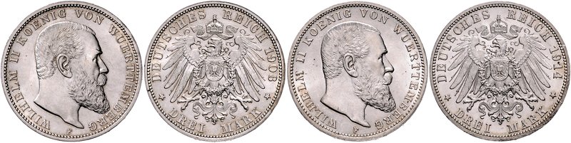 Württemberg Wilhelm II. 1891-1918 Lot von 2 Stücken: 3 Mark 1908 F (kl.Kr.) u. 1...