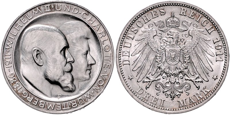 Württemberg Wilhelm II. 1891-1918 3 Mark 1911 F Zur Silbernen Hochzeit. Der Quer...