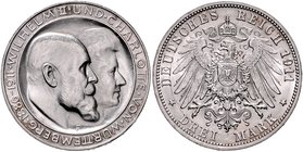 Württemberg Wilhelm II. 1891-1918 3 Mark 1911 F Zur Silbernen Hochzeit. Der Querstrich im H von CHARLOTTE liegt genau in der Mitte, die Ziffern 6 und ...