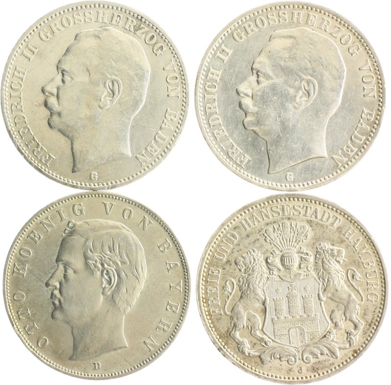 Lots Lot von 4 Stücken: BADEN 3 Mark 1910 G u. 3 Mark 1912 G (J. 39), BAYERN 3 M...