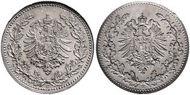 Kaiserreich Kleinmünzen 50 Pfennig o.J. (1877-78) Fehlprägung: Beidseitig Adler mit Münzzeichen E, eine Seite incus. Fehlprägungen von diesem Münztyp ...