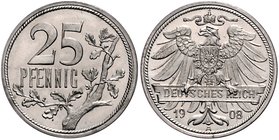 Kaiserreich Kleinmünzen 25 Pfennig 1908 A Motivprobe: Völlig andere Gestaltung der Vorder- und Rückseite. Geprägt auf starkem Nickelschrötling, stark ...