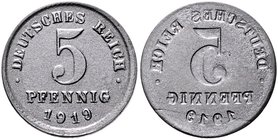 Ersatzmünzen des 1. Weltkrieges 5 Pfennig 1919 Fehlprägung: Beidseitig Wertzahl, eine Seite incus, ohne Riffelrand J. zu297. 
 vz-